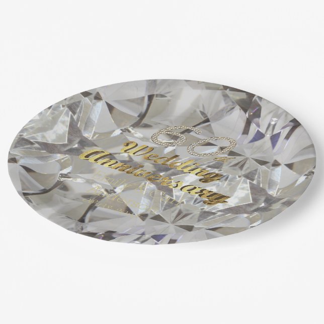 60th Diamond Wedding Anniversary Gold Typography Paper Plates (Angled)