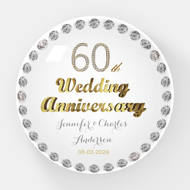 60th Diamond Wedding Anniversary Gold Typography Paperweight (Front)