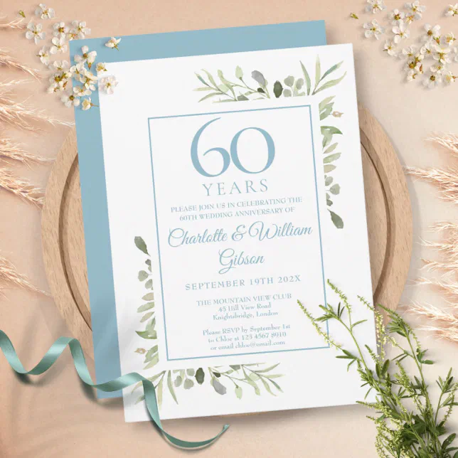 60th Diamond Wedding Anniversary Greenery Invitation | Zazzle