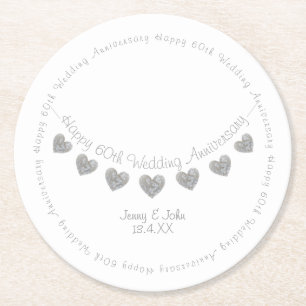 60th Diamond Wedding Anniversary heart bunting Round Paper Coaster