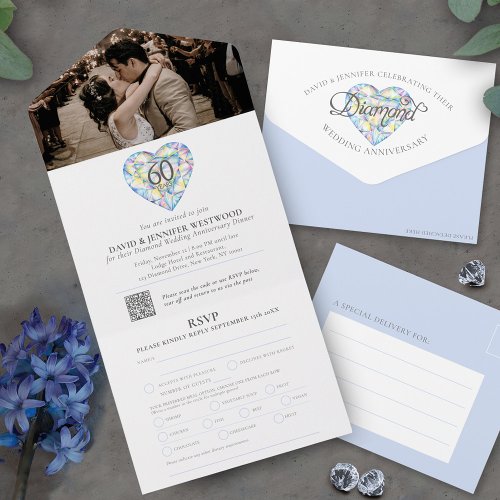 60th diamond wedding anniversary heart watercolor  all in one invitation
