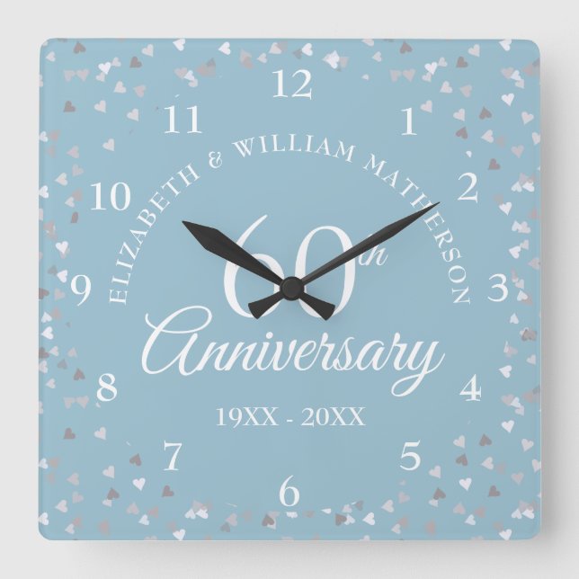 60th Diamond Wedding Anniversary Hearts Confetti Square Wall Clock (Front)