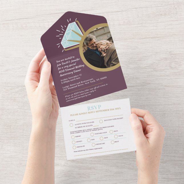 60th Diamond wedding anniversary meal RSVP photo All In One Invitation (Tearaway)