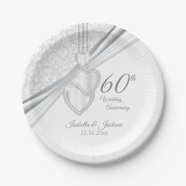 60th Diamond Wedding Anniversary on White Paper Plates (Front)