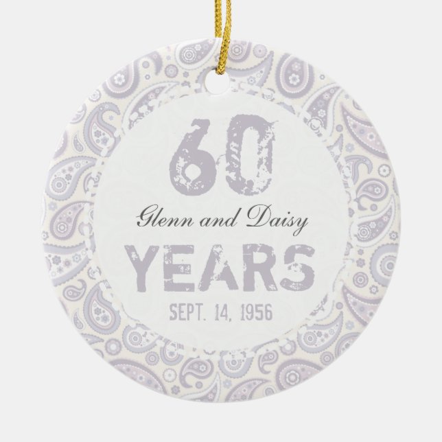60th Diamond Wedding Anniversary Paisley Monogram Ceramic Ornament (Front)