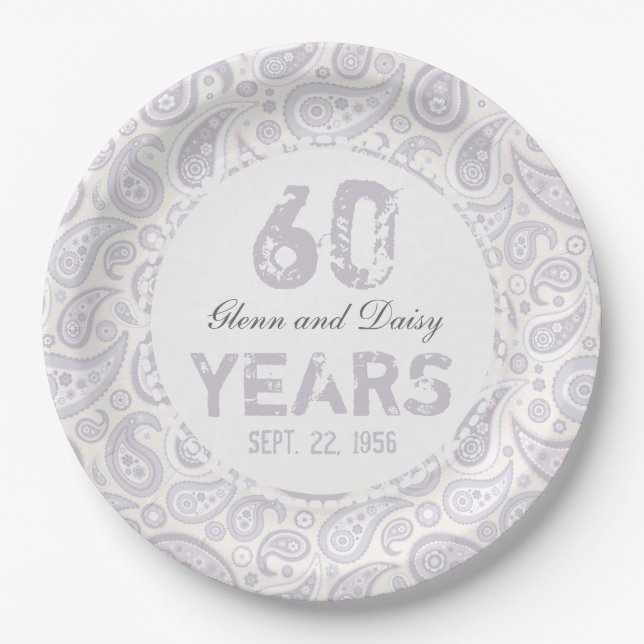60th Diamond Wedding Anniversary Paisley Pattern Paper Plates (Front)