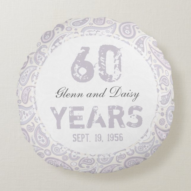 60th Diamond Wedding Anniversary Paisley Pattern Round Pillow (Front)