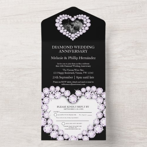 60th diamond wedding anniversary photo black all in one invitation