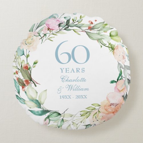 60th Diamond Wedding Anniversary Photo Floral Round Pillow