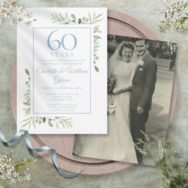 60th Diamond Wedding Anniversary Photo Greenery Invitation (60th Diamond Wedding Anniversary Photo Greenery Invitation)