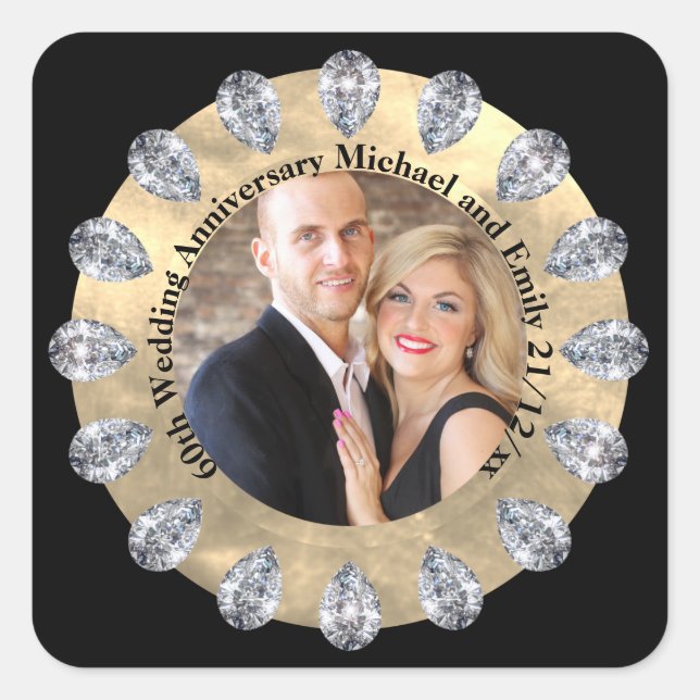 60th Diamond Wedding Anniversary PHOTO Personalize Square Sticker (Front)