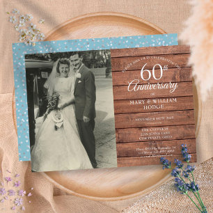 60th Diamond Wedding Anniversary Photo Rustic Wood Invitation