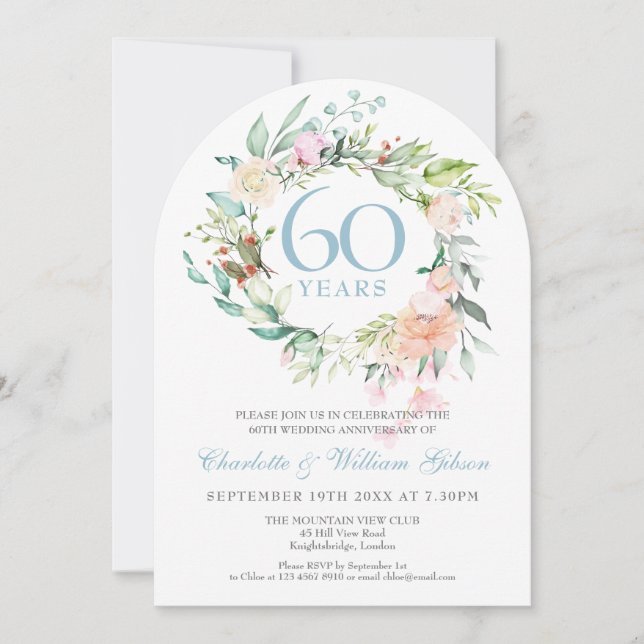 60th Diamond Wedding Anniversary Roses Floral Arch Invitation (Front)