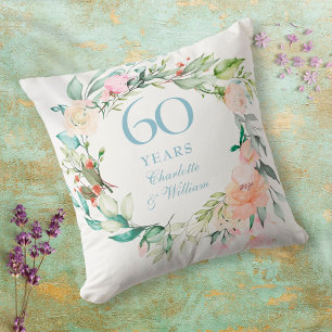 60th Diamond Wedding Anniversary Roses Floral Throw Pillow