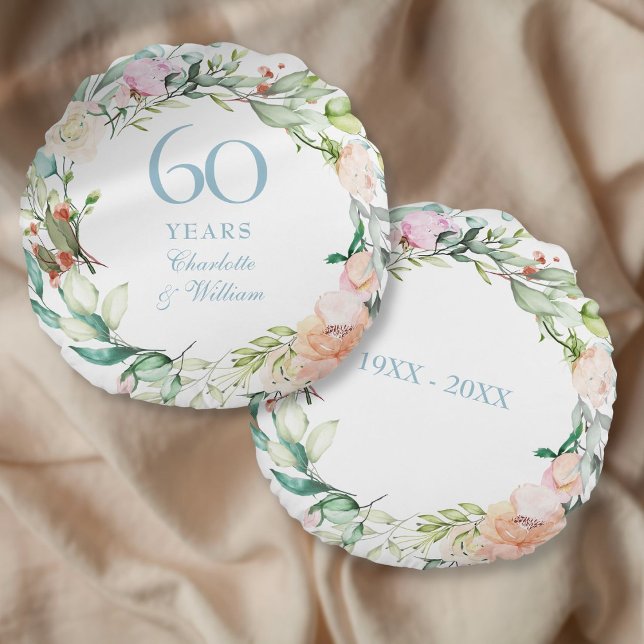 60th Diamond Wedding Anniversary Roses Garland  Round Pillow (60th Diamond Wedding Anniversary Roses Garland Round Pillow)