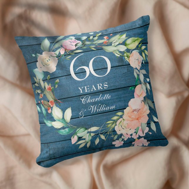60th Diamond Wedding Anniversary Rustic Floral Throw Pillow (Creator Uploaded)