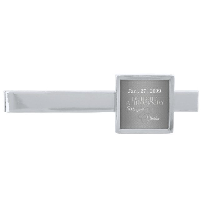 60th Diamond Wedding Anniversary Silver Dasmask Finish Tie Clip (Front)