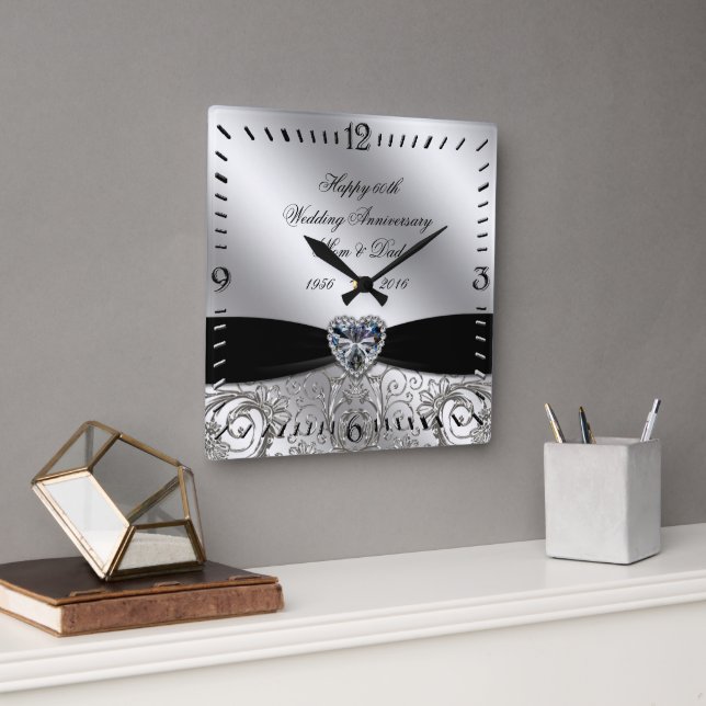 60th Diamond Wedding Anniversary Square Wall Clock (Office)