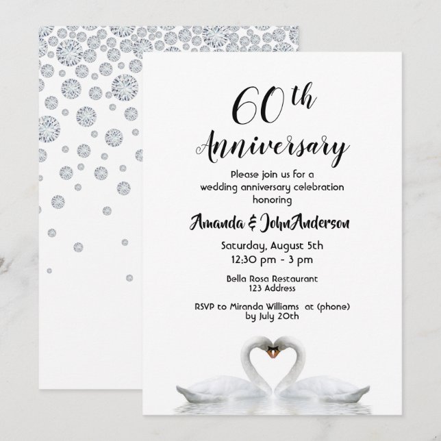 60th diamond wedding anniversary two swans white invitation (Front/Back)