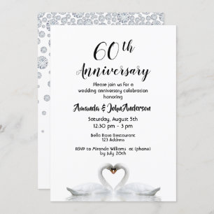 60th diamond wedding anniversary two swans white invitation