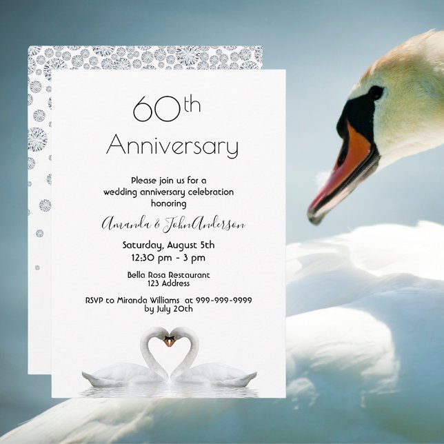 60th diamond wedding anniversary two swans white invitation (Creator Uploaded)