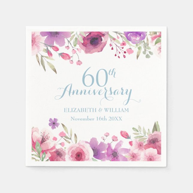 60th Diamond Wedding Anniversary Watercolor Roses Napkins (Front)