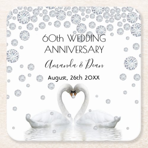 60th diamond wedding anniversary white swans love square paper coaster