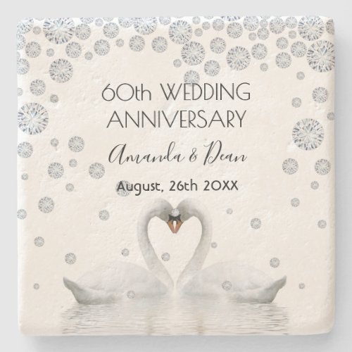 60th diamond wedding anniversary with white swans stone coaster