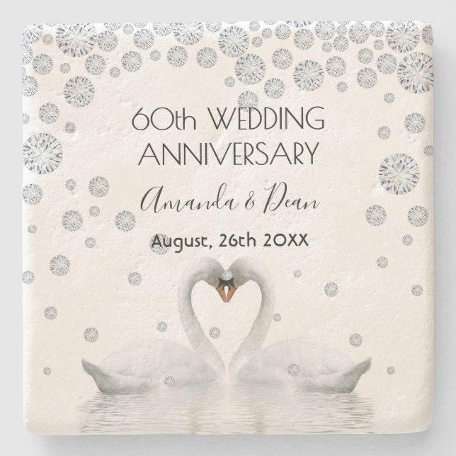 60th diamond wedding anniversary with white swans stone coaster (Front)