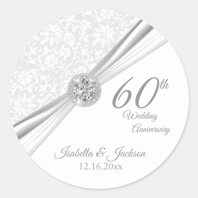 60th Diamond White Wedding Anniversary Classic Round Sticker (Front)