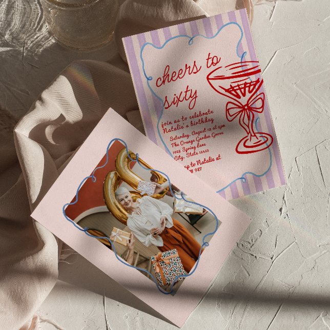 60th Drawn Colorful Champagne Retro Photo Birthday Invitation (Creator Uploaded)