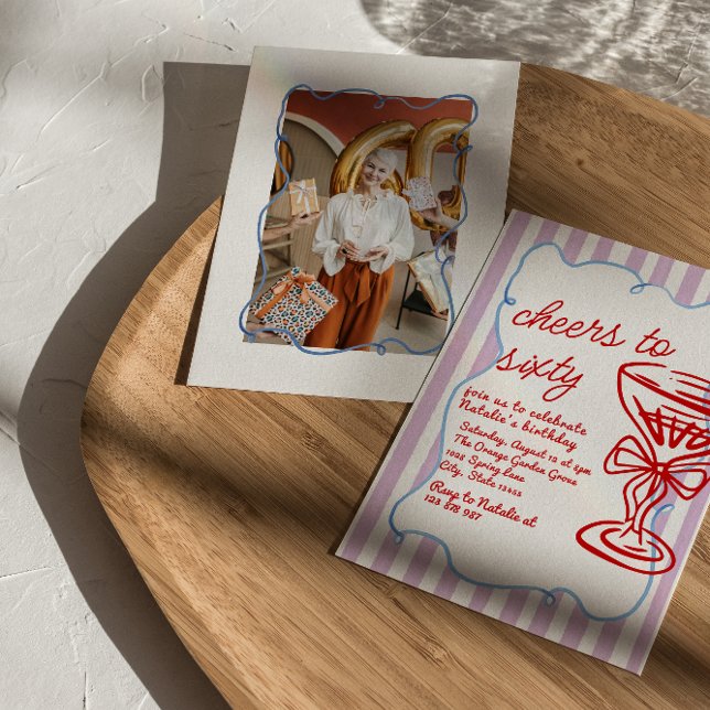 60th Drawn Colorful Champagne Sixty Photo Birthday Invitation (Creator Uploaded)