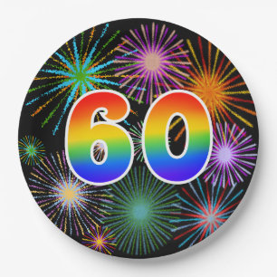 60th Event - Fun, Colorful, Bold, Rainbow 60 Paper Plates