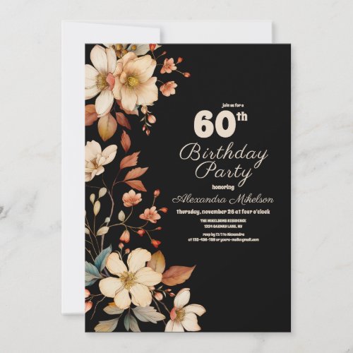 60th Floral Birthday Black Invitation