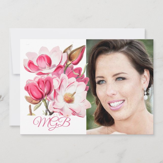60th Floral Pink Elegant Photo Monogram Birthday Invitation (Front)
