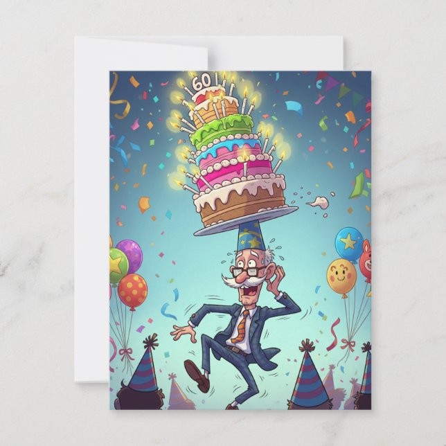 60th Funny Grandpa Balancing Birthday Cake cards  (Front)