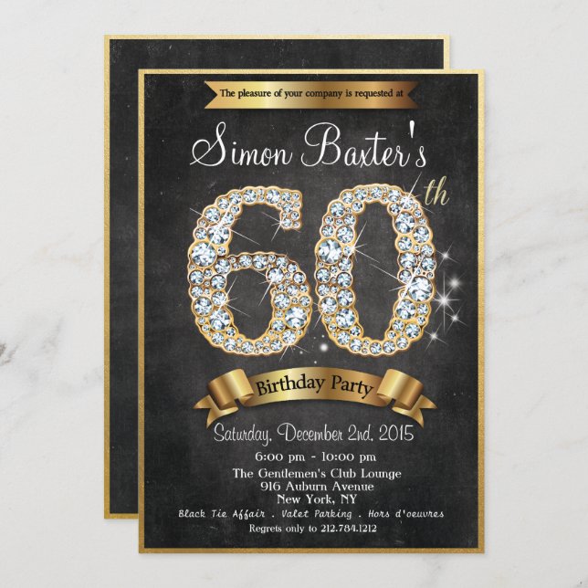 60th Gold Diamond Chalkboard Birthday Invitation (Front/Back)