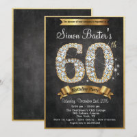 60th Gold Diamond Chalkboard Birthday Invitation