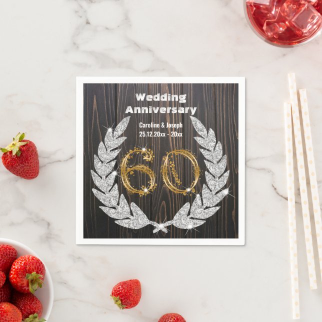 60th Gold & Diamond Laurel Wedding Anniversary Nap Napkins (Insitu)