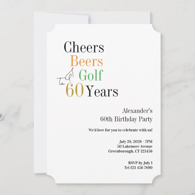 60th Golf Birthday Cheers and Beers Minimal Invitation (Front)