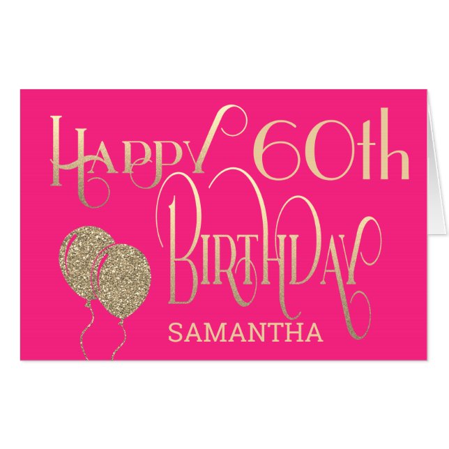 60th Happy Birthday Artsy gold text Feminine Pink Card (Front Horizontal)