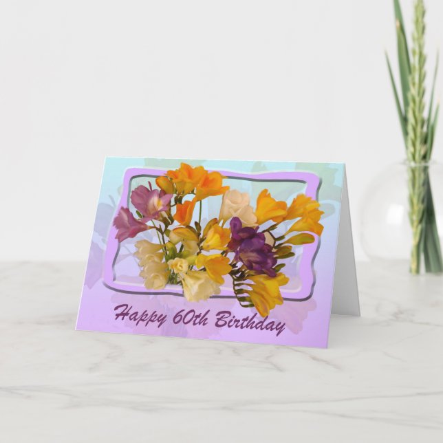 60th Happy Birthday Card - Freesias (Front)