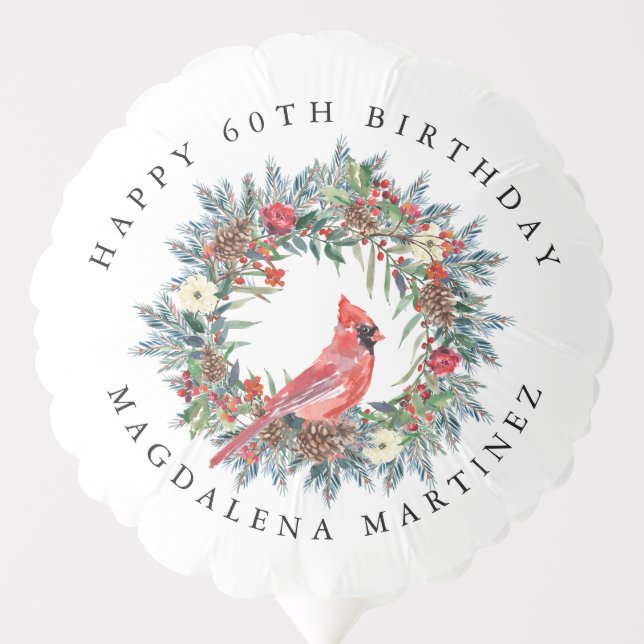 60th Happy Birthday Cardinal Wreath Custom Balloon (Front)