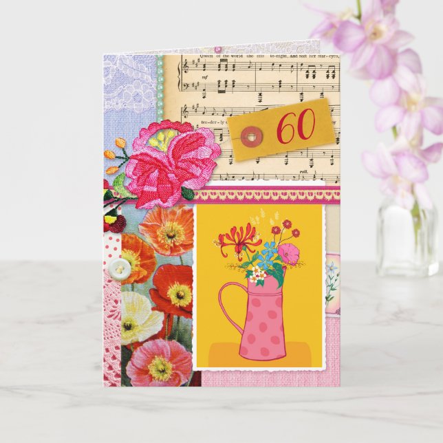 60th Happy Birthday Collage Floral art scrapbook Card (Orchid)