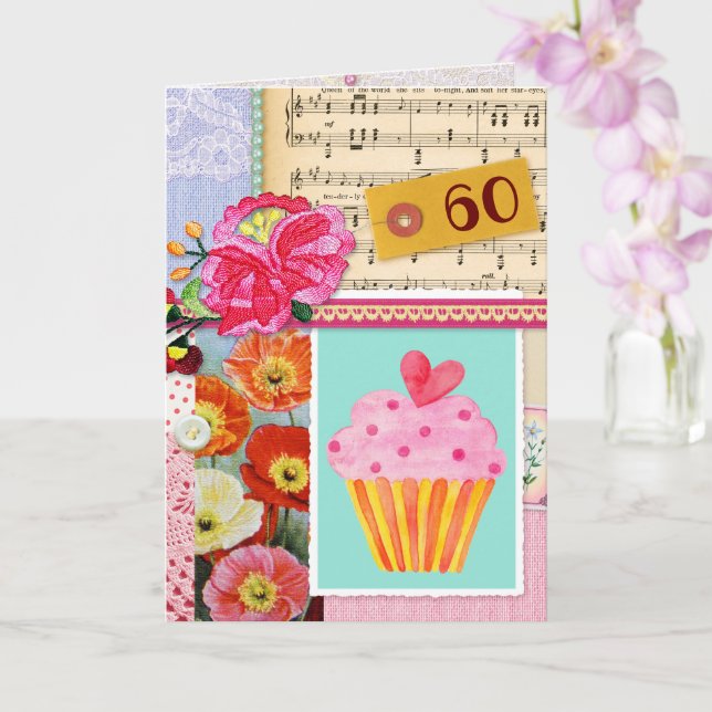 60th Happy Birthday Collage scrapbook cupcake Card (Orchid)
