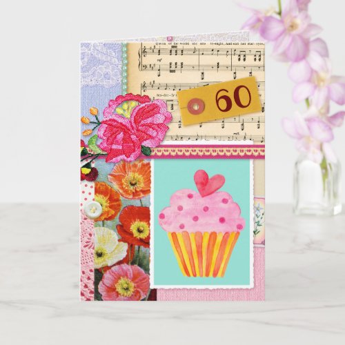 60th Happy Birthday Collage scrapbook cupcake Card