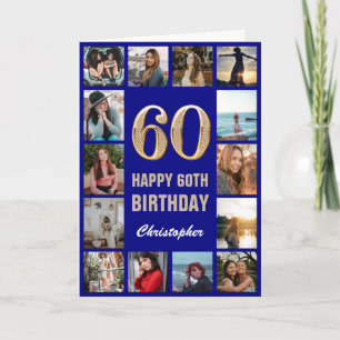 60th Happy Birthday Navy Blue & Gold Photo Collage Card