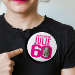 60th happy birthday pink custom photo and name button<br><div class="desc">60th birthday pink on white, 60th custom photo and name pin button badge. Fun 60th personalized photo birthday design. Personalize with a photograph of the birthday girl in the middle of the number 0. Great idea for adding some fun to a milestone sixtieth birthday. Other matching items and colors are...</div>