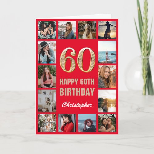 60th Happy Birthday Red and Gold Photo Collage Card