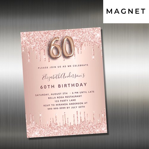 60th irthday rose gold glitter invitation magnet